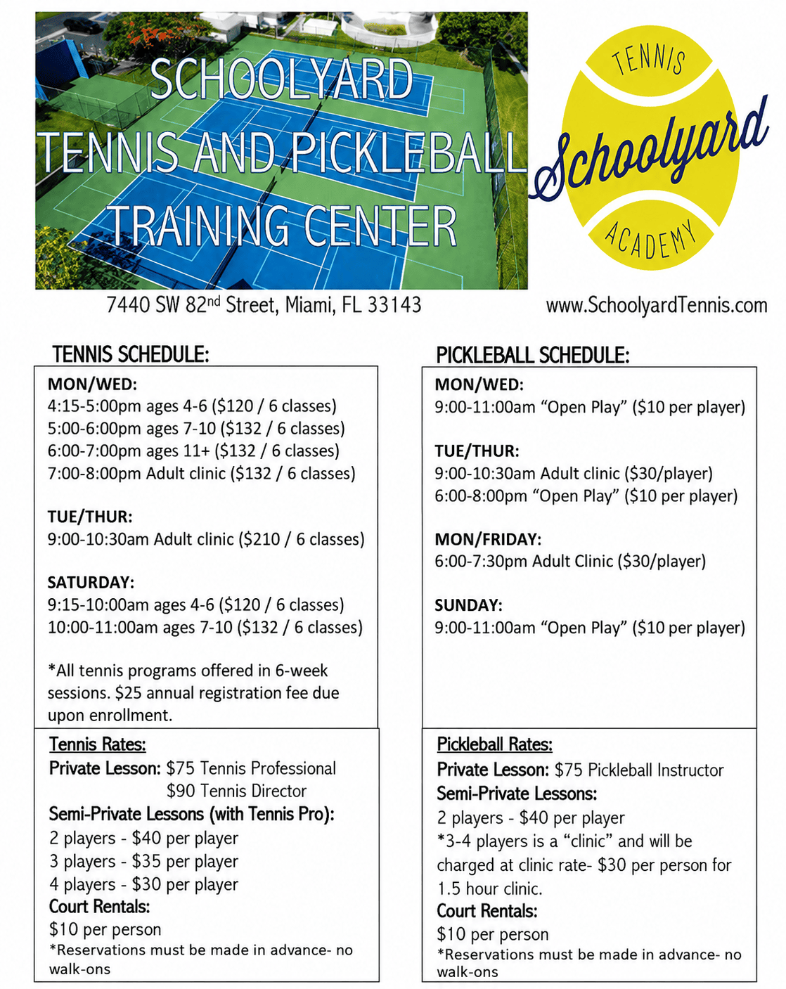Tennis and pickleball training center schedule.